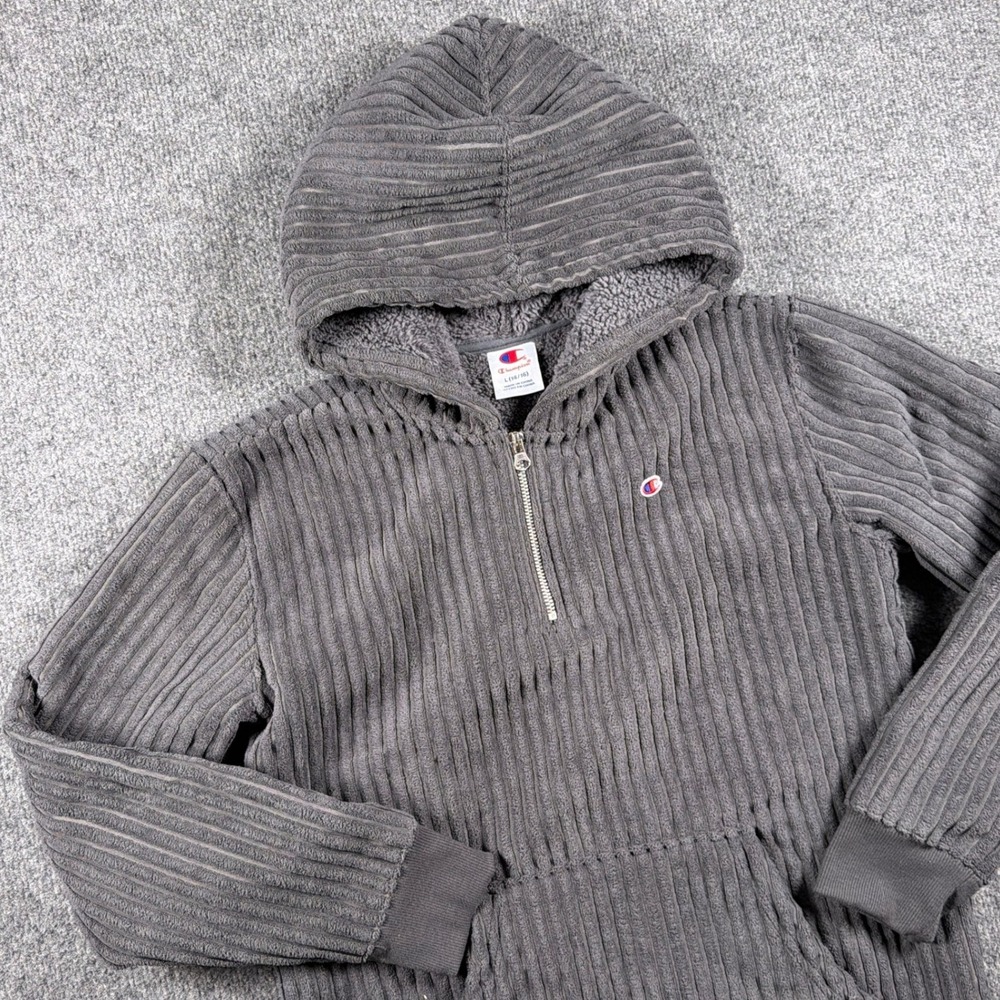 Champion Corduroy Hoodie Quarter Zip Boys Size L 14/16 Grey Sherpa‎ Lined